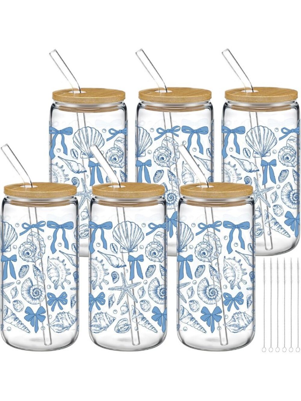 Coastal Beach Glass Cups Set with Straws & Lids - 16 oz Ocean Drinkware